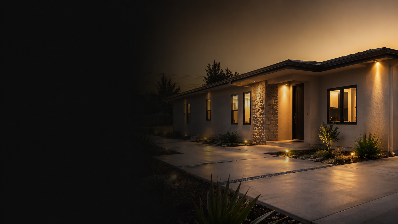 Luxury residential exterior built by Sal Ochoa Construction Inc at dusk
